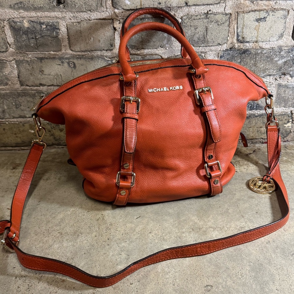 Michael Kors leather Bedford Satchel with shoulder strap. Orange and brass